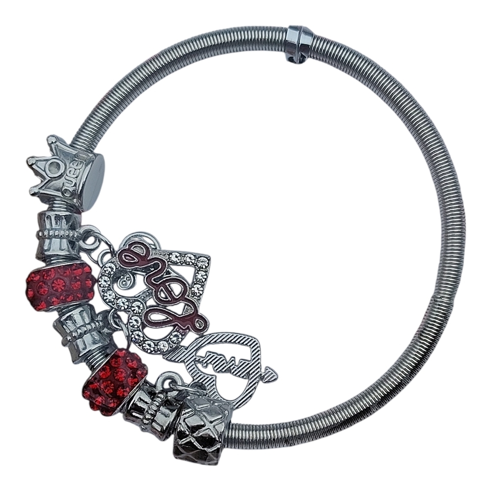 Silver-Tone Charm Bracelet with‎ Red Crystal Beads and Love Heart Charm